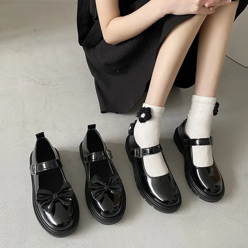 Mary Jane Shoes Small leather shoe with superficial mouth Lolita shoes Japanese style for woman Princess shoe with cute bow Schoolgirl