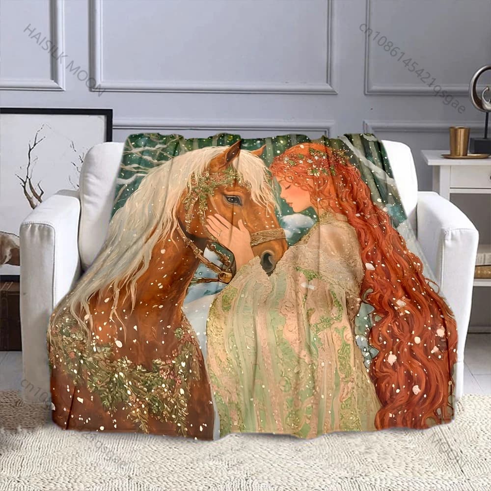 Coperta con stampa scena naturale cavallo e donna, materiale in flanella, morbido e caldo per tutte le stagioni, campeggio all'aperto, picnic, regali di lusso