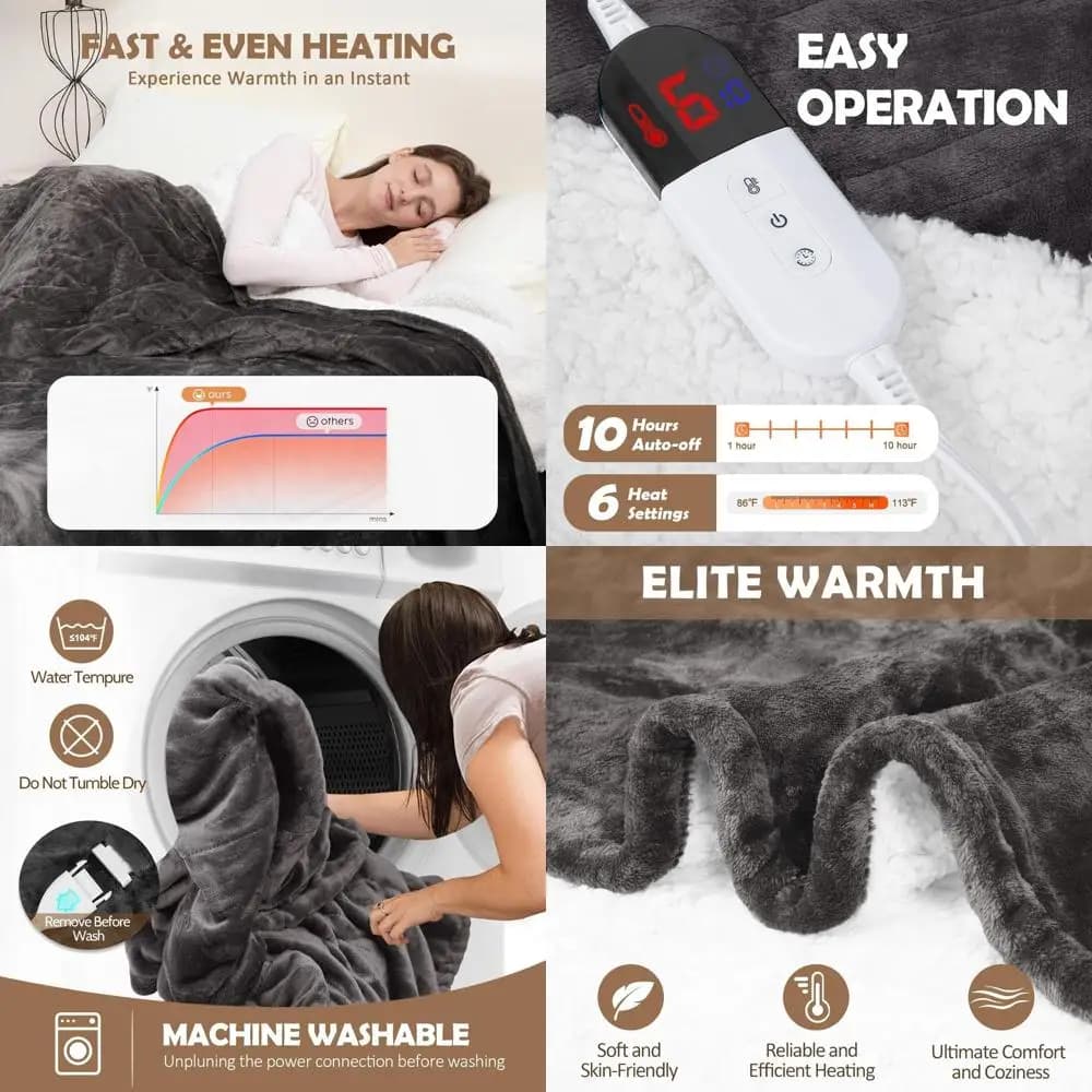 Coperta Elettrica Misura Intera 72x84 con 10 Timer, 6 Livelli di Calore, Protezione da Surriscaldamento, Flanella Sherpa, Certificata ETL, Grigia
