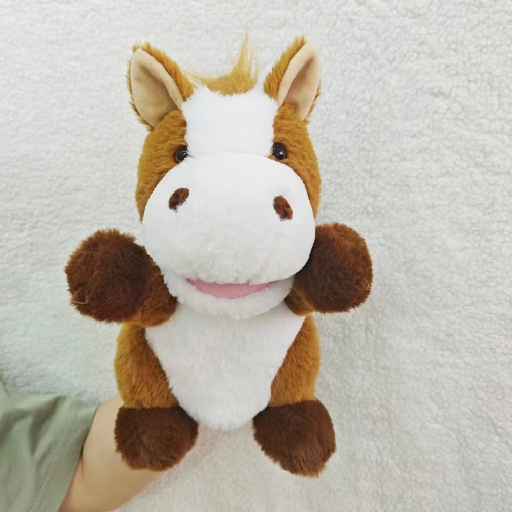Cavallo burattino a mano per animali da fattoria con regalo di peluche a bocca aperta