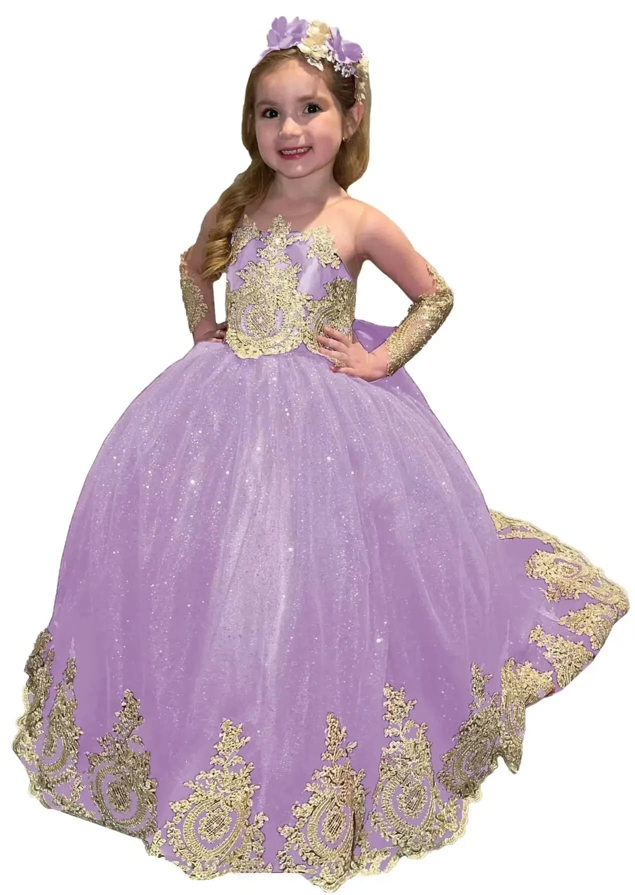Abito da ragazza di fiore elegante personalizzato per matrimonio in tulle gonfio di pizzo con applicazioni dorate per primo compleanno eucaristico per bambini