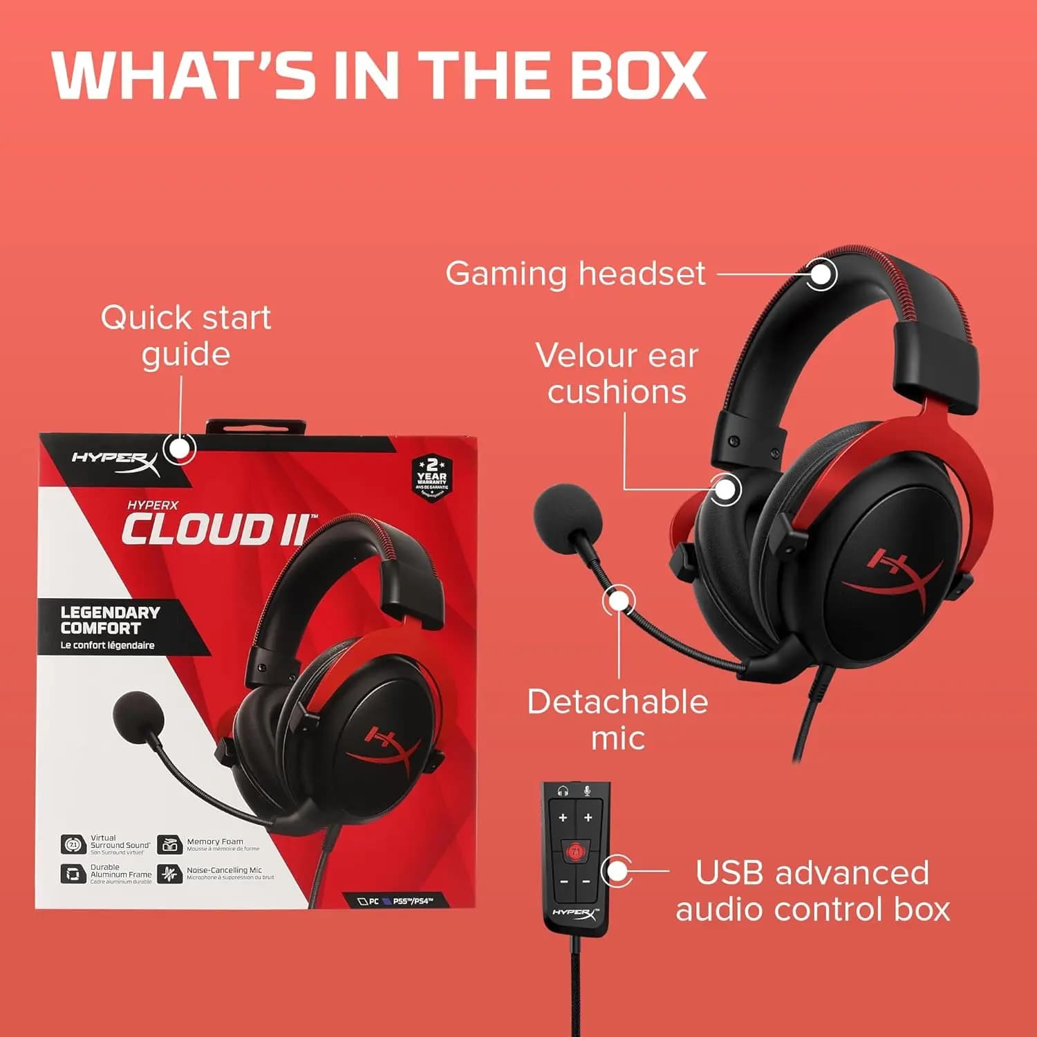 Cuffie da gioco originali HyperX Cloud 2 II con microfono con audio surround HiFi 7.1 per PC PS4