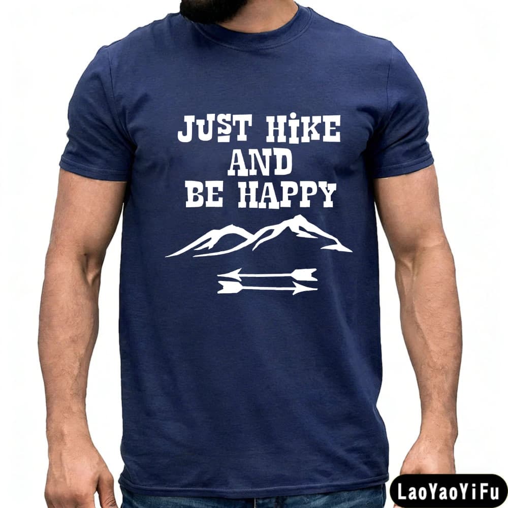 T-shirt da uomo con design Mountain Arrow di Just Hike and Be Happy, in cotone, casual, alla moda, estiva, da esterno, a maniche corte, con grafica.