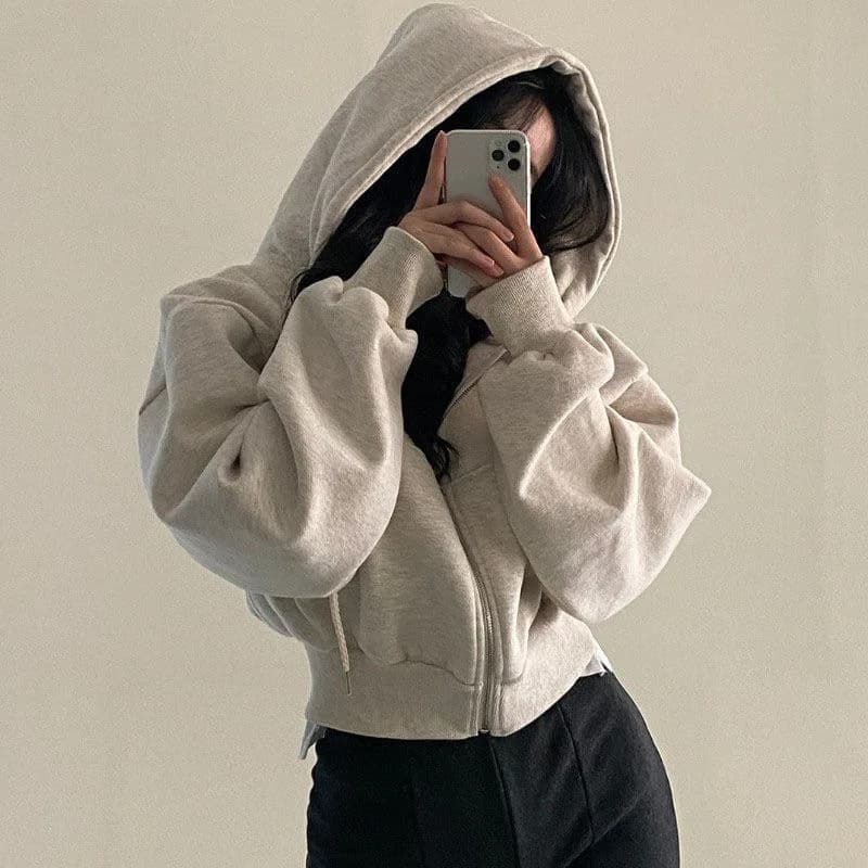 Nuovo Prodotto Primavera-Autunno, Felpa con Cappuccio Corta e Aderente in Pile, Stile Coreano, Versatile, con Zip, Calda, Tinta Unita, per Donna