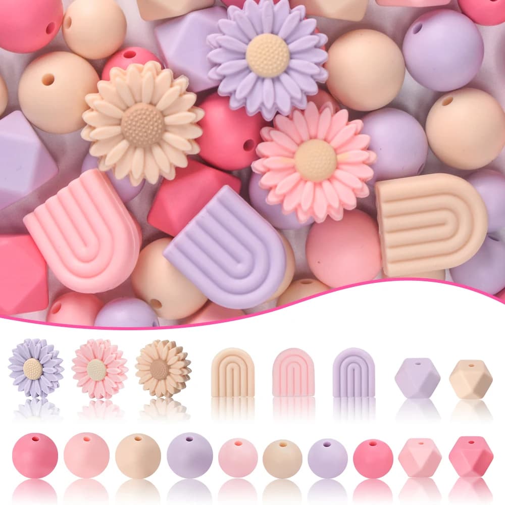 LOFCA 50pcs Soft Silicone Flower Round Teething Beads Mixed Set For DIY Bracelet Necklace Jewelry Crafting accessories Wholesale