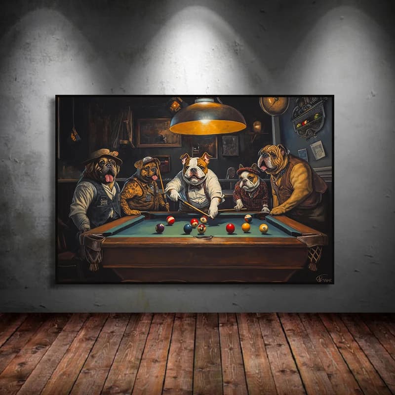 Stile divertente Bulldog Cani che giocano al biliardo Poster artistico Pittura su tela Stampe murali Immagine Room Home Decor Regalo Cuadros