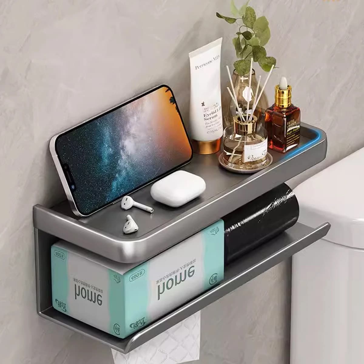 Portarotolo di carta igienica portarotolo di carta igienica a parete per bagno in alluminio ripiano portaoggetti per cellulare (grigio, bianco, nero)