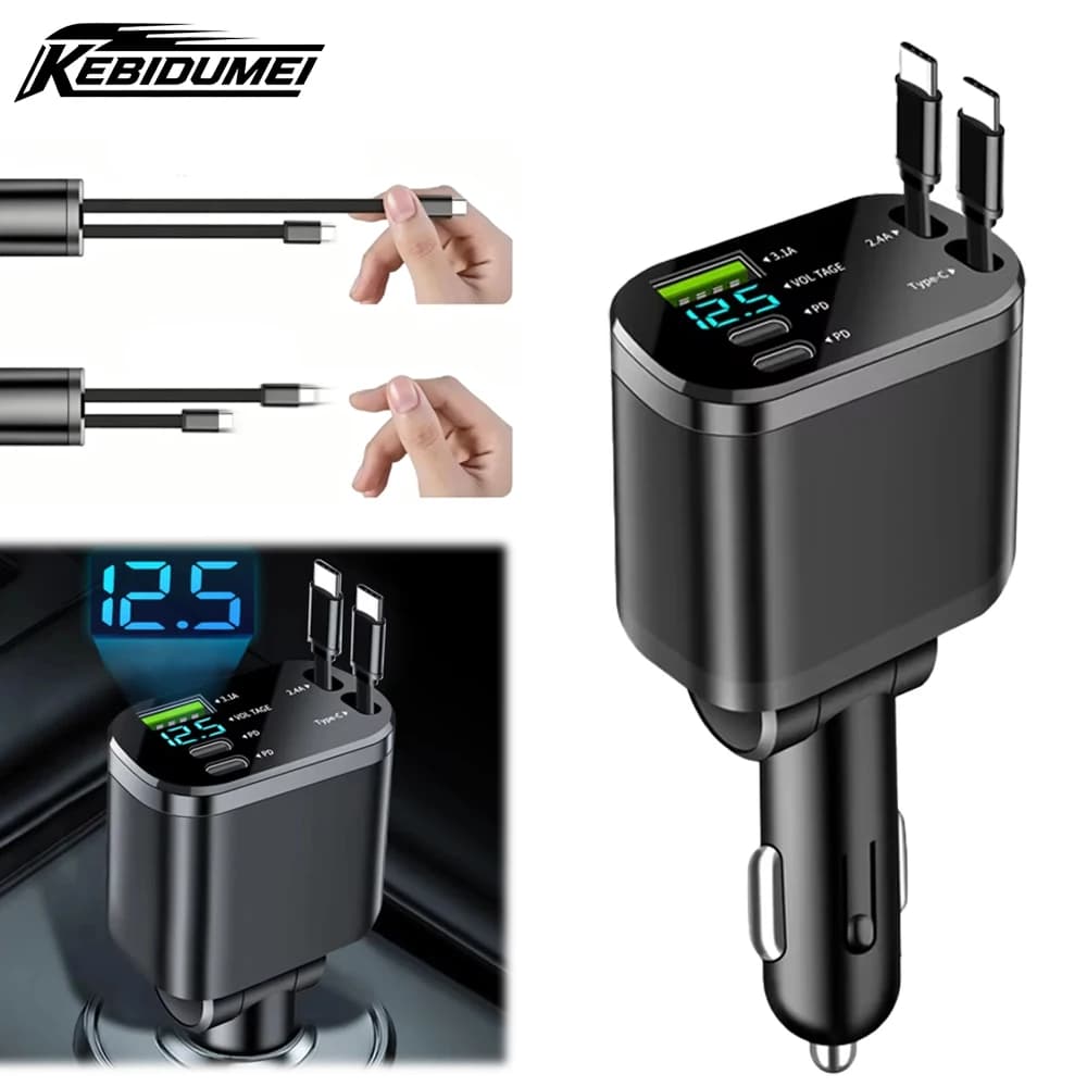 Car Charger, Car Charger with Retractable Cable, PD for Car, Fast Charging for Car, Super Fast Charging, Flash Charging, Cig Five in One