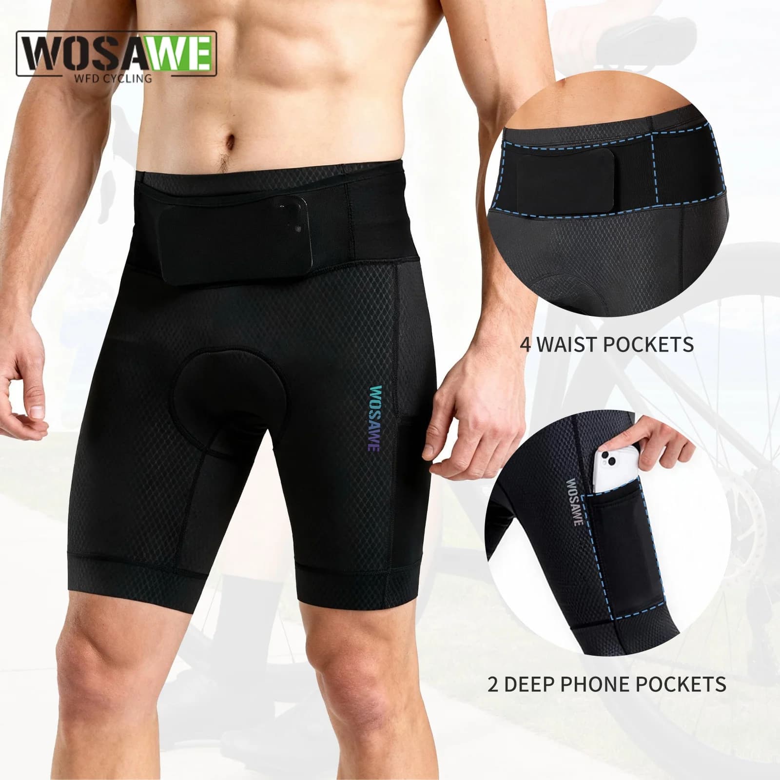 Pantaloncini da Ciclismo WOSAWE per Uomo con Imbottitura 3D, Traspiranti e ad Asciugatura Rapida, con 6 Tasche, per Strada e Montagna