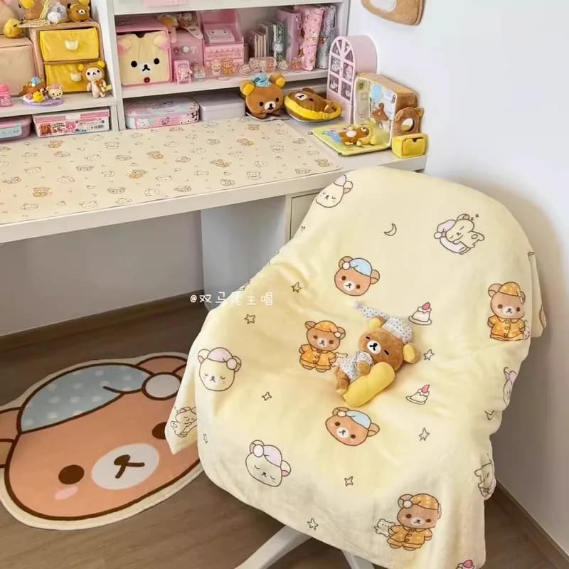 Cartoon Rilakkuma Flannel Throw Blanket Lazy Bear Print Soft Cozy Warm Lightweight Shawl For Home Sofa Office Nap Bed Couch Gift