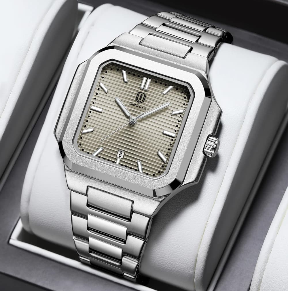 QINGXIYA Men's Quartz Watch Square Luxury Fashion Calendar High Quality Stainless Steel Waterproof Luminous Watch