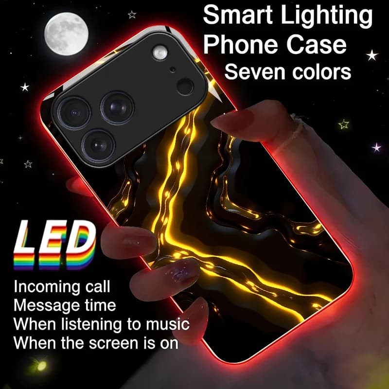 Golden Flow Luminous Glass LED Call Light Up Flash Phone Case Cover For iPhone 17 Pro Max 16 Pro Max Air 17E 16E 15 14 13 12 11 Pro XS XR Max Plus 7 8 Plus SE Cover Case