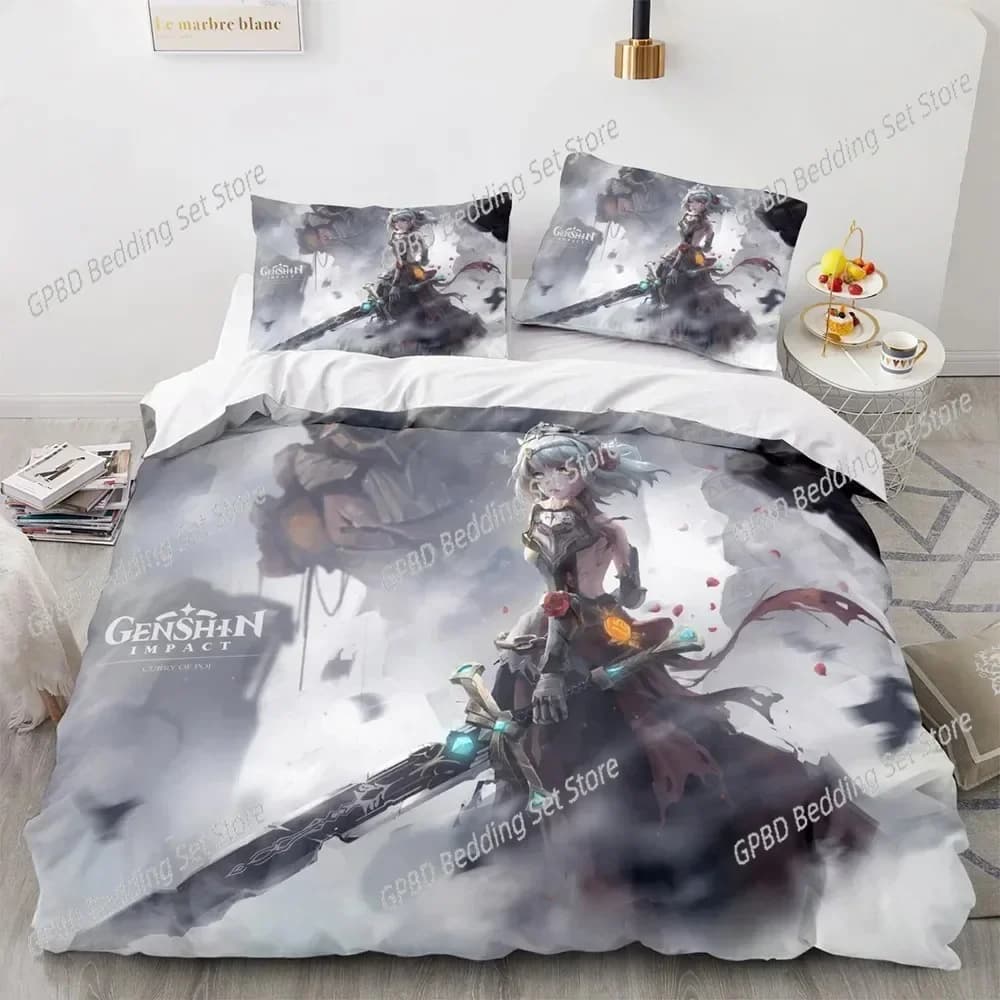 Gioco Anime Genshin Impact Set biancheria da letto stampato in 3D adatto per camera da letto Set copripiumino con federe Tessili per la casa dei bambini