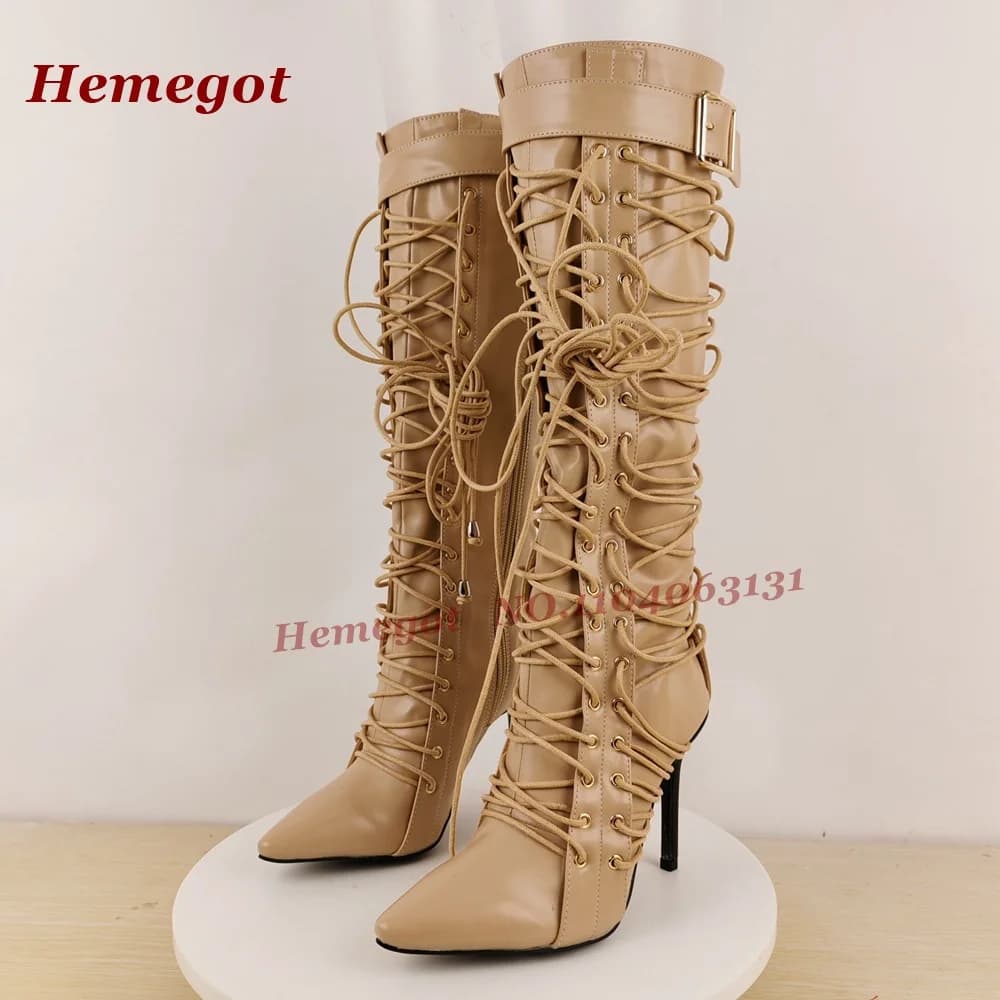 Full Front Lace-Up Buckle Top Strap Thin Stiletto Tall Heel Booties Pointy Toe Patchwork Brown Women's Knee High Boots Casual