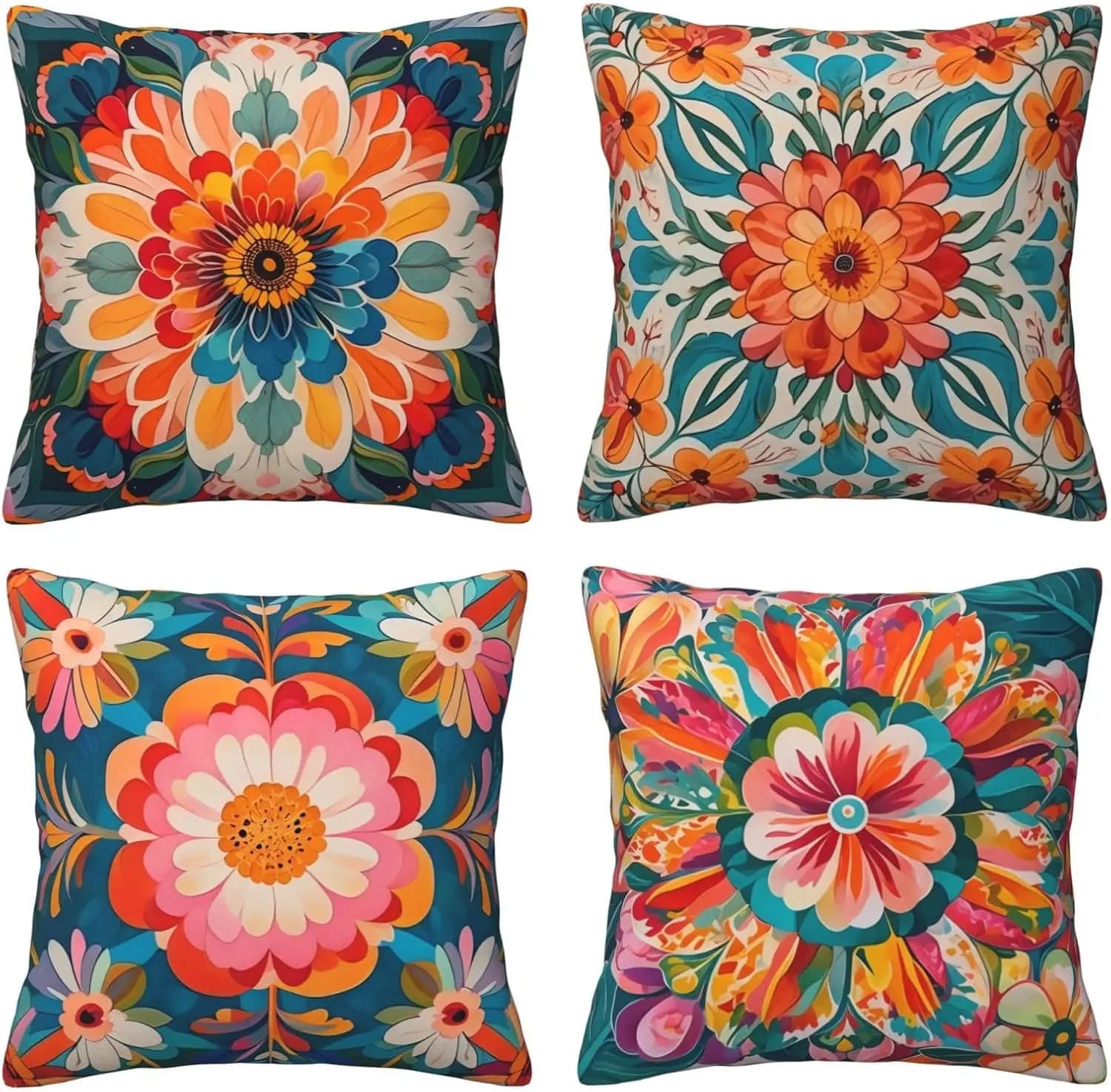 Vibrant Floral Print Pillow Cover Set of 4 Boho Polyester Cushions for Modern Living Room Home Decor Accents