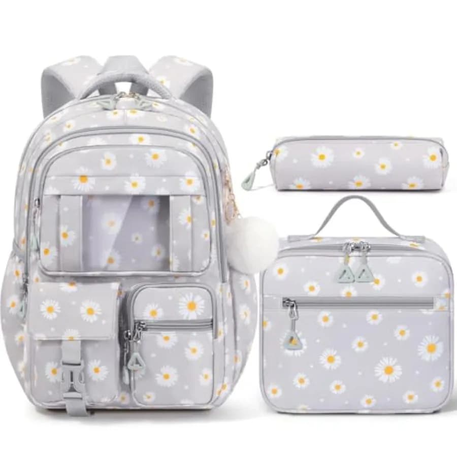 Zaino per ragazze e ragazzi, 3 pezzi, impermeabile, con borsa per il pranzo e astuccio per matite - Zaino leggero multitasche Daisy per E
