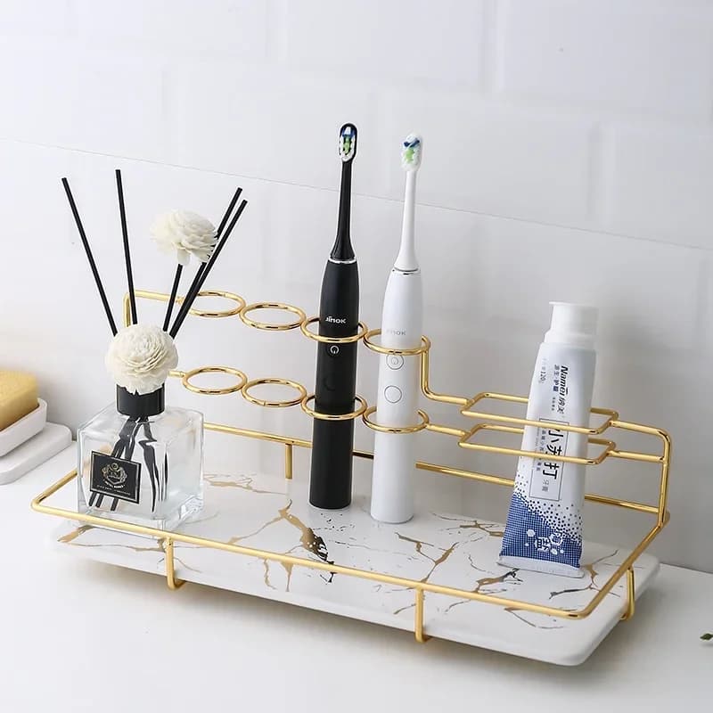 Portaoggetti rettangolare in metallo marmorizzato Porta spazzolino elettrico da bagno Mensola da bagno Organizzatore per cosmetici da tavolo Vassoio per la casa
