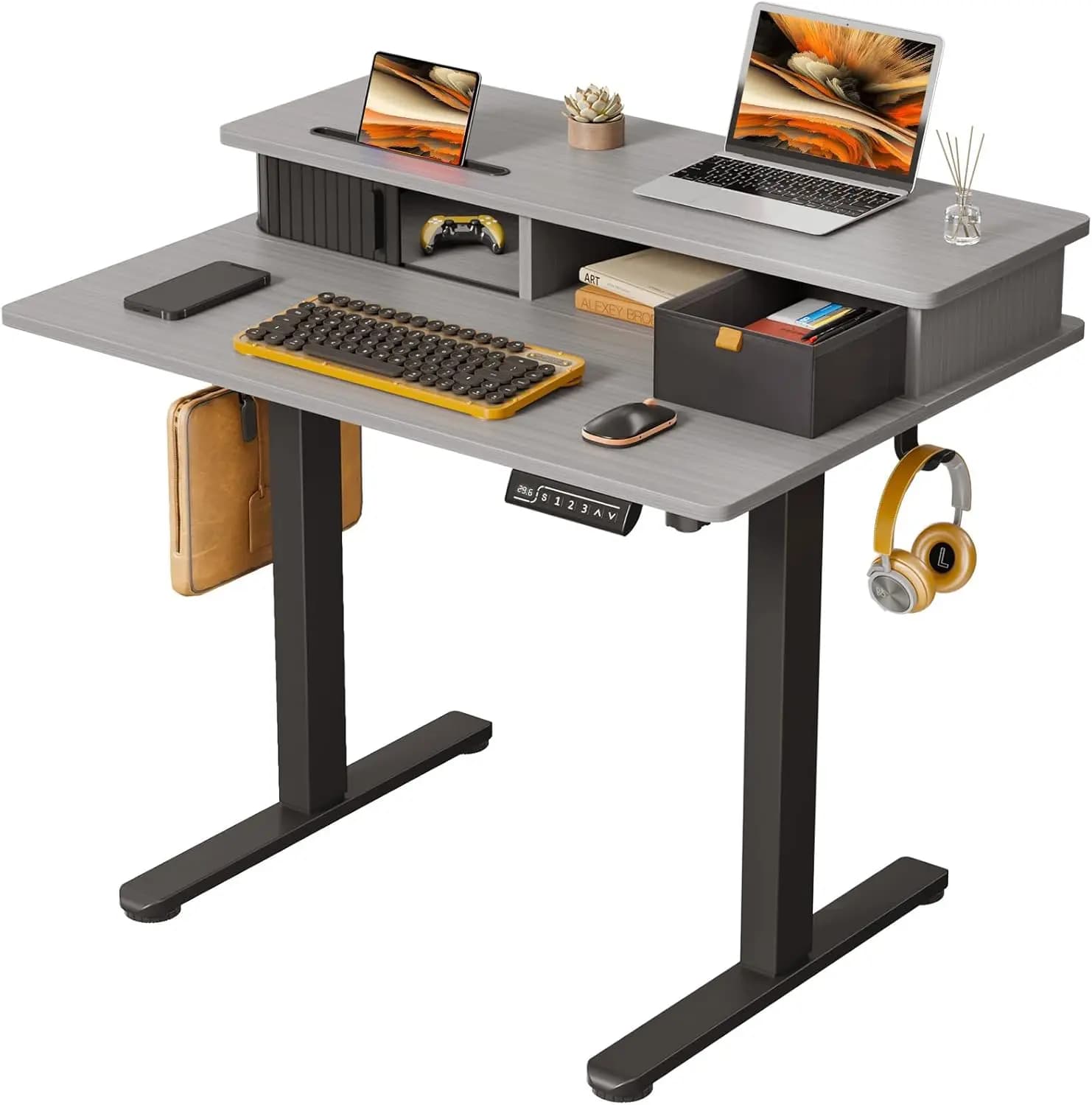 35" x 25" adjustable desk with monitor support, glove box and hooks for home office - Grey