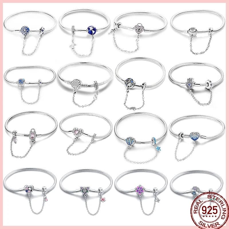 Braccialetti originali in argento 925 17-20CM Cuore di sicurezza Catena da 3 mm Bracciale in osso di serpente adatto con ciondoli fai da te Regali di gioielli di compleanno