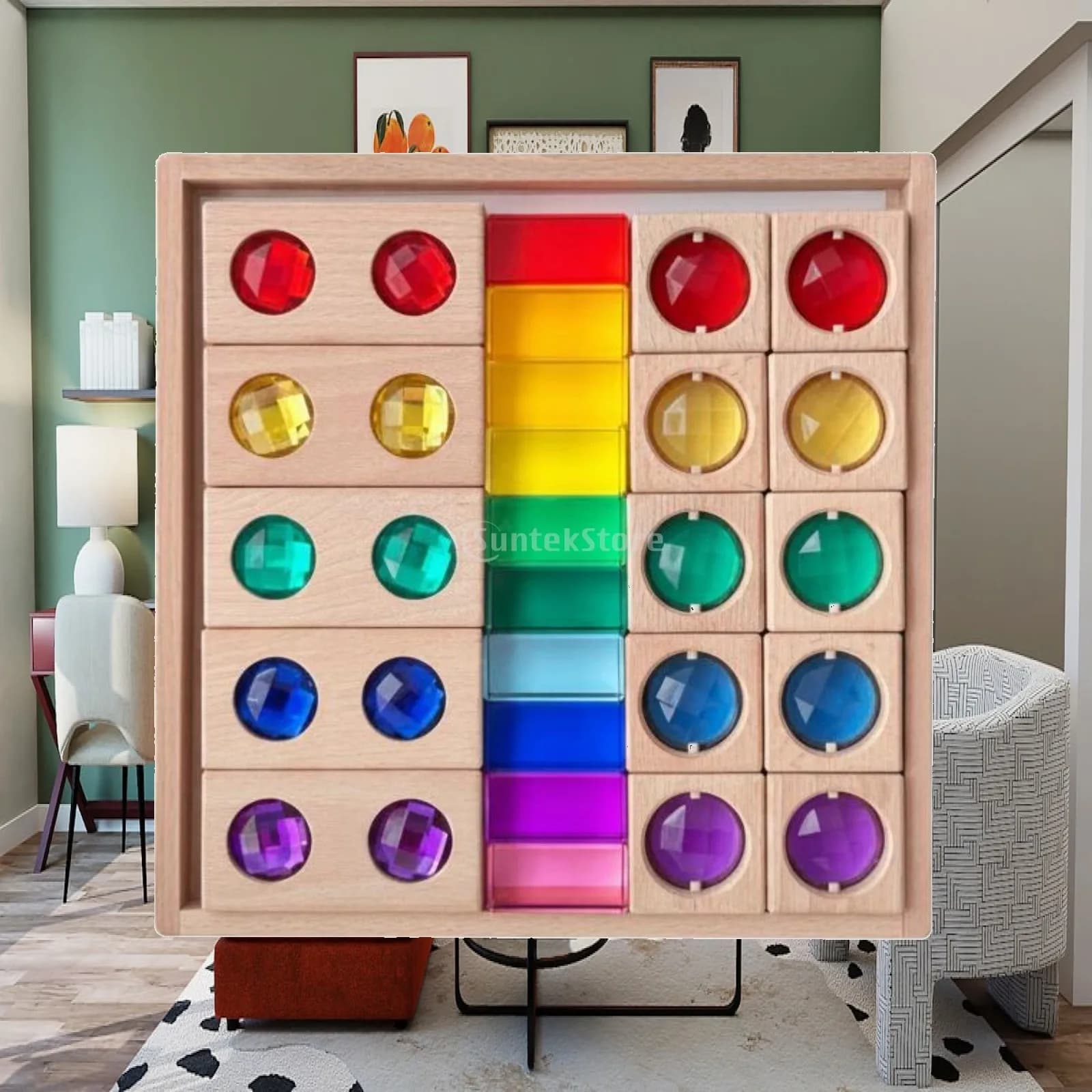 Children Wooden Matching Board with Translucent Acrylic Blocks Sensory Crystal Puzzle Toy for Stacking Games