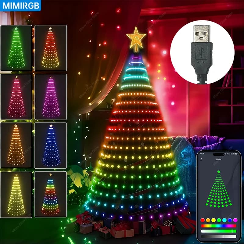 USB Plug 2.1M Smart Christmas Tree Light Bluetooth APP Controlled 400 LED RGB DIY Lmage String Lights Christmas Decorations