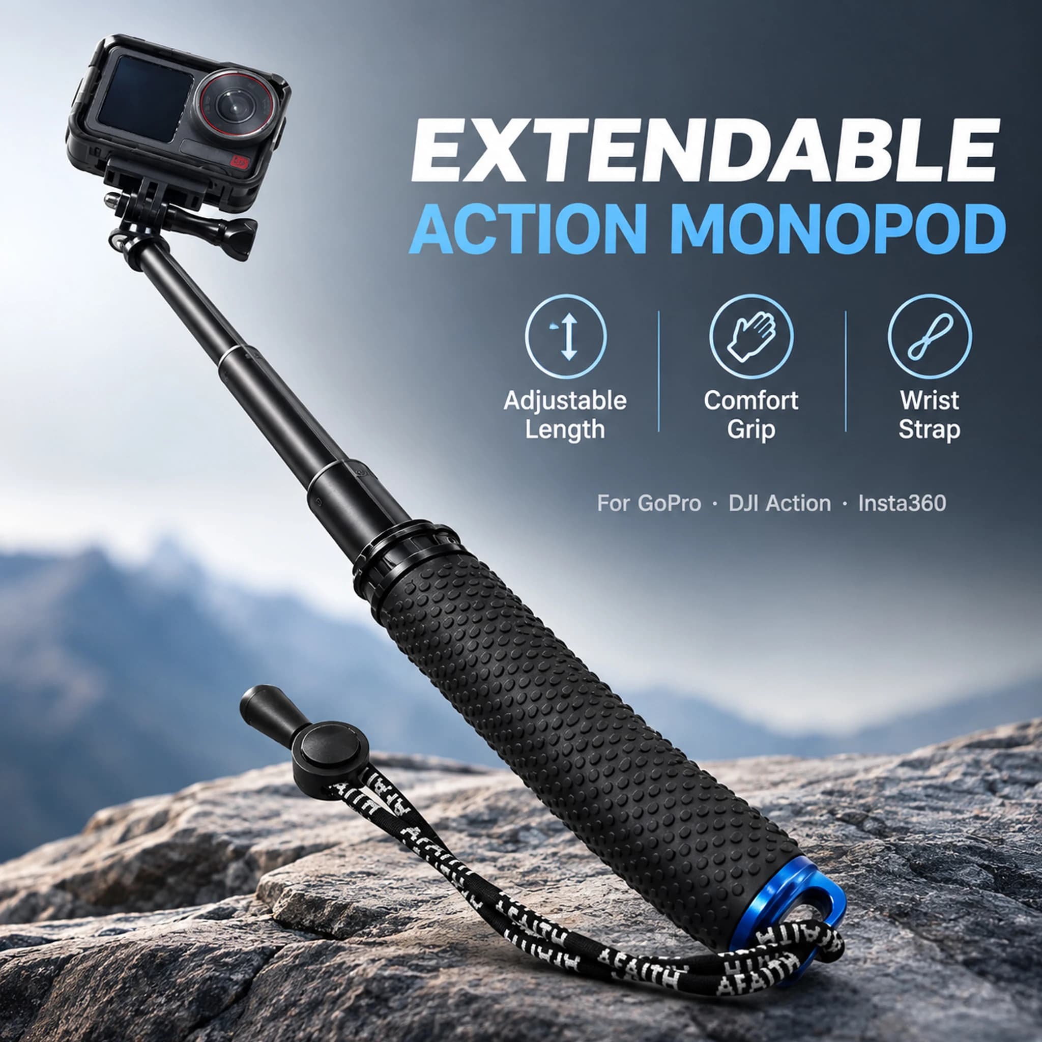 Selfie Stick Aluminum Alloy Monopod Extension Pole for GoPro Hero 13 12 11 10 9 Insta360 X6 X5 X4 X3 DJI Osmo Action 6 5 Pro 4 3