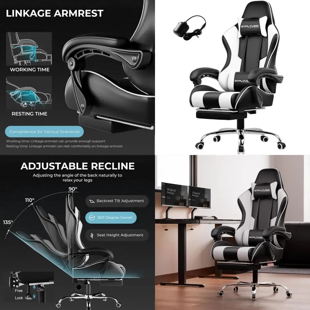 Sedia da gaming girevole regolabile in altezza con supporto lombare e poggiapiedi (Bianca)