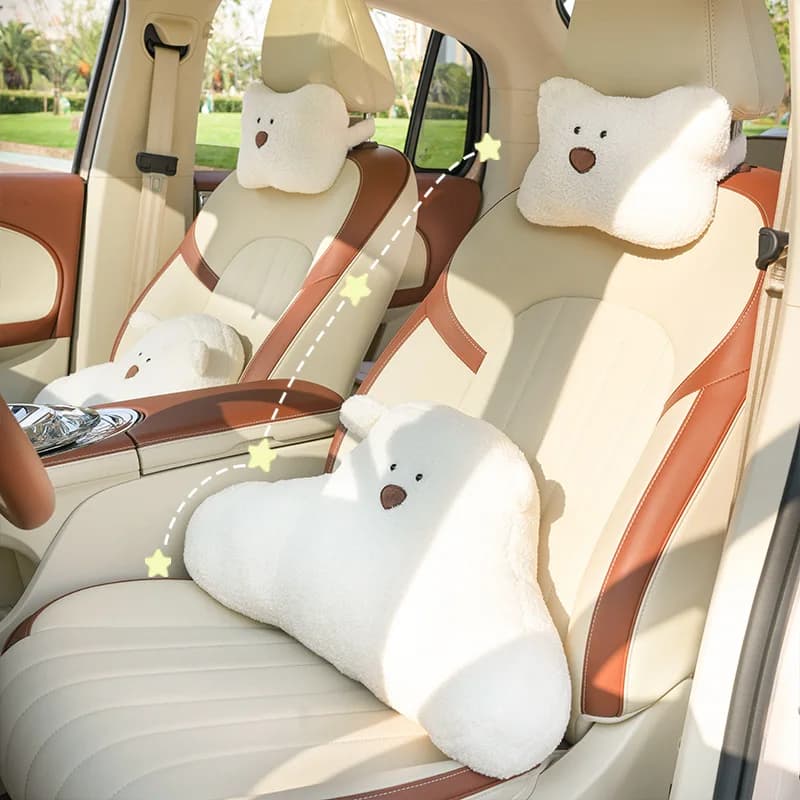 Comodo e Morbido Poggiatesta e Supporto Lombare per Auto in Peluche Rosa, Cuscino Decorativo a Forma di Fiocco per Collo e Schiena, Accessorio per Interni Auto Invernale