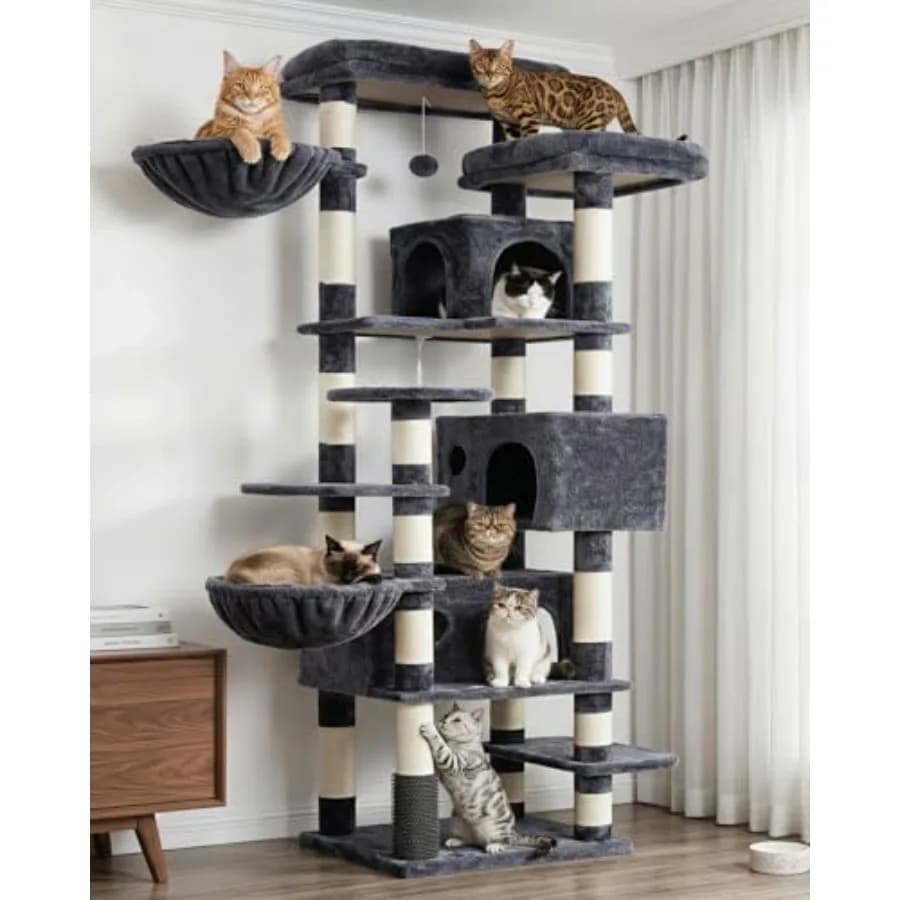 Albero per Gatti XL da 74 Pollici, Multi-Livello, per Gatti da Interno, con Tre Cuccette, Due Grandi Piattaforme Superiori e Spazzola per Gatti