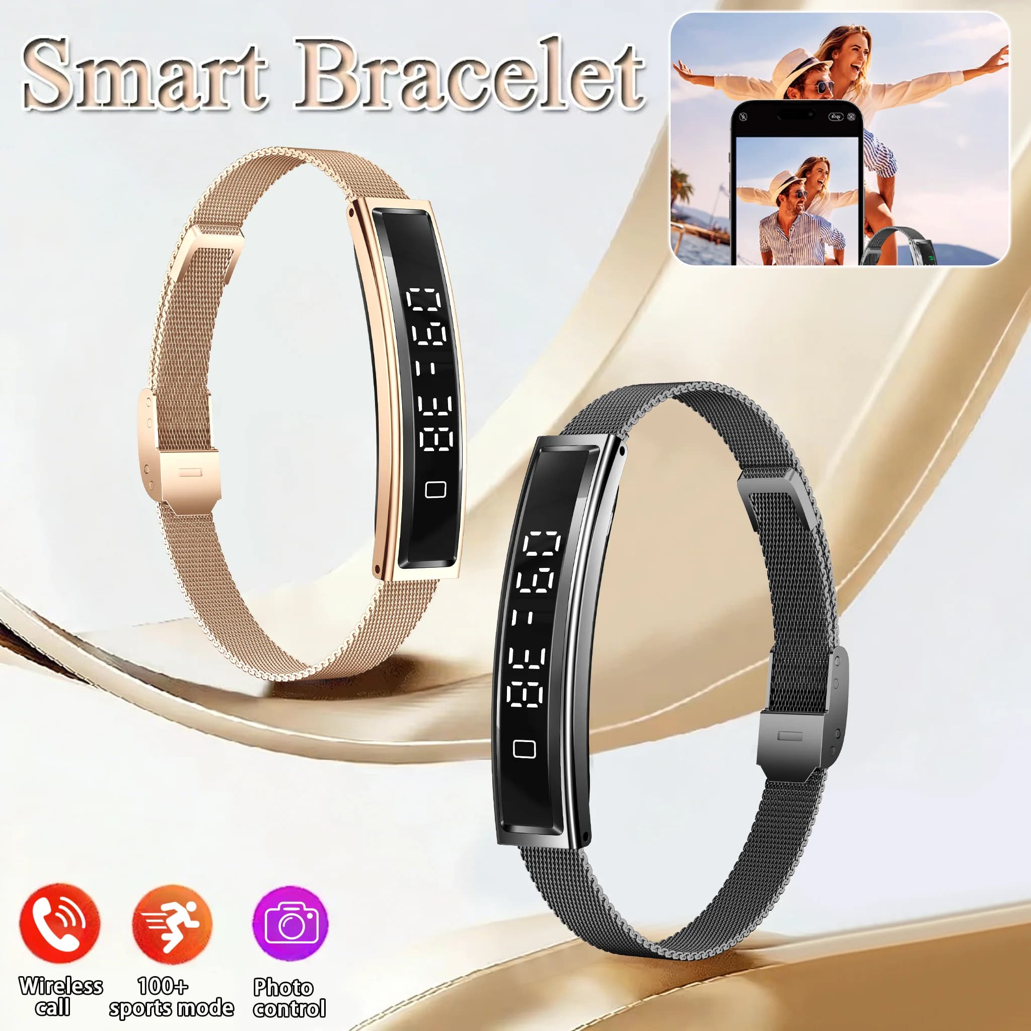 NEW Fashion Smart Bracelet with Photo Function, Oxygen Monitoring in Blood, Sleep and Pressure, Waterproof, Fitness Counter, Sporty Clock for Men and Women