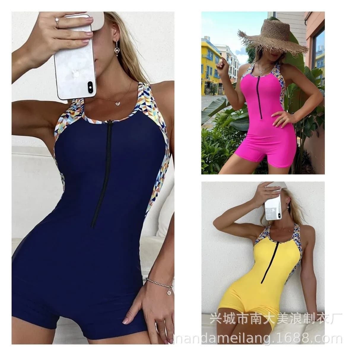 Women Swimsuit Tummy Control Swimwear Solid Color Navy Blue Front Zipper High Cut Shorts Yellow Geometric Print