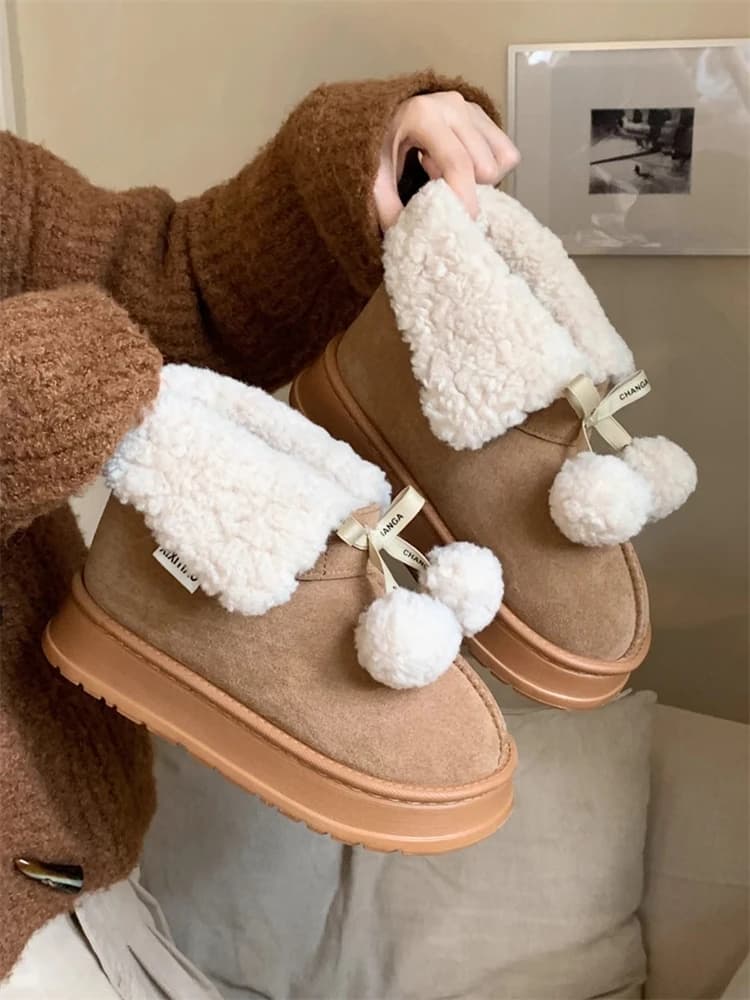 Retro Double Ball Knot Snow Boots Thick Bottom Fashionable Winter Ladies Outdoor Sweet Cotton Shoes Short Boots