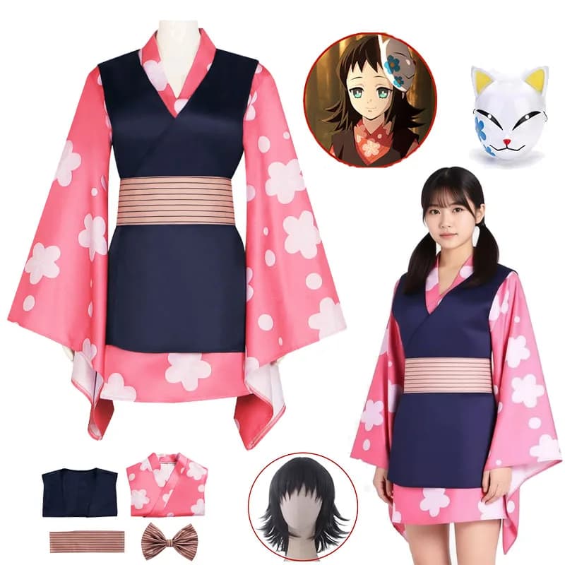 Costume Cosplay Anime Kimetsu, Parrucca Makomo, Maschera, Kimono con Cuciture Raffinate, Vestito, Accappatoio, Gilet, Outfit per Cosplay, Festa di Halloween per Donne