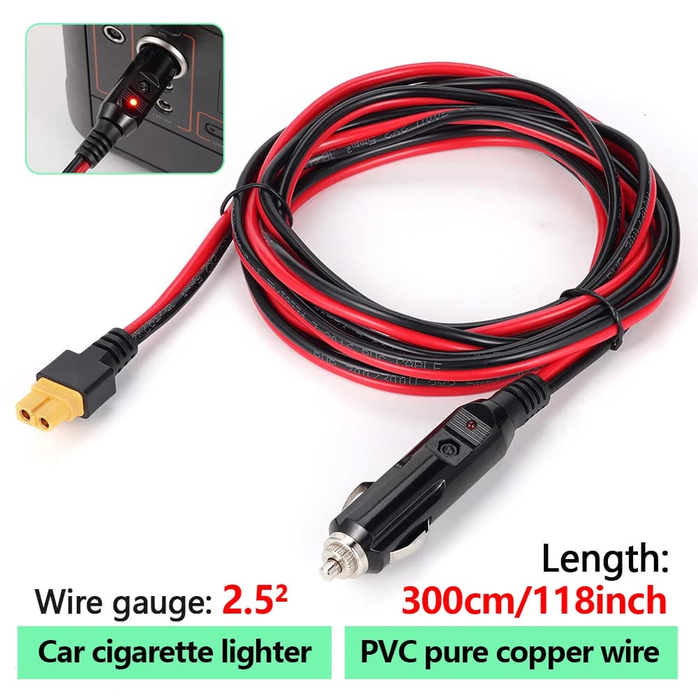 Car Charger Adapter Cable 20A 14AWG Car Lighter for XT60 Solar Generator Car Charger Cable 3M