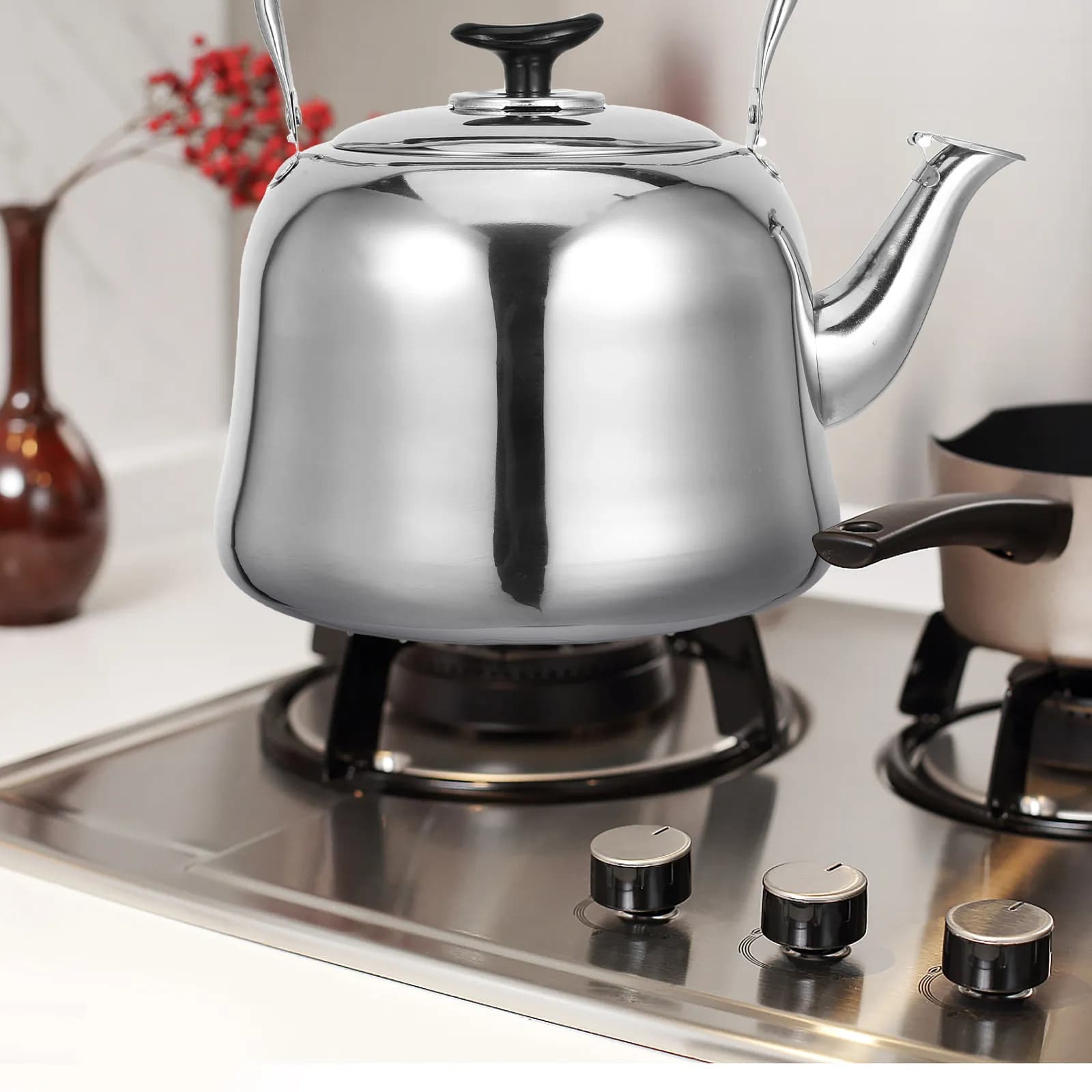 4L Whistling Stainless Steel Stovetop Tea Kettle Ergonomic Nonslip Handle Thickened Mirror Finish for Gas Electric Induction