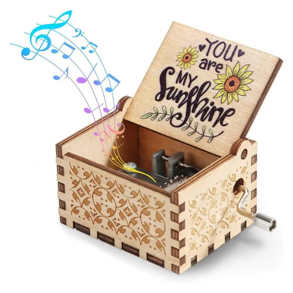 Mini carillon da 6,4 * 5,2 cm con manico rotante Carillon in legno You Are My Sunshine Scatola musicale meccanica Decorazioni per il desktop Regalo di compleanno
