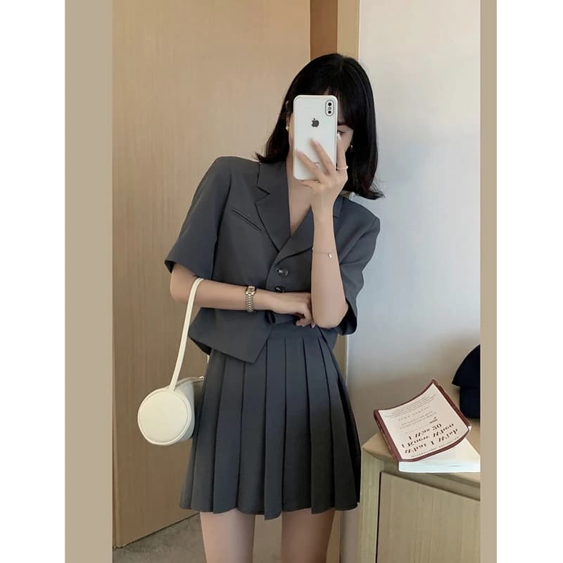 Korean Style Chic Spring Summer Short Sleeve Suit Jacket High Waist Pleated Skirt Two Piece Set Women's Fashion Outfit