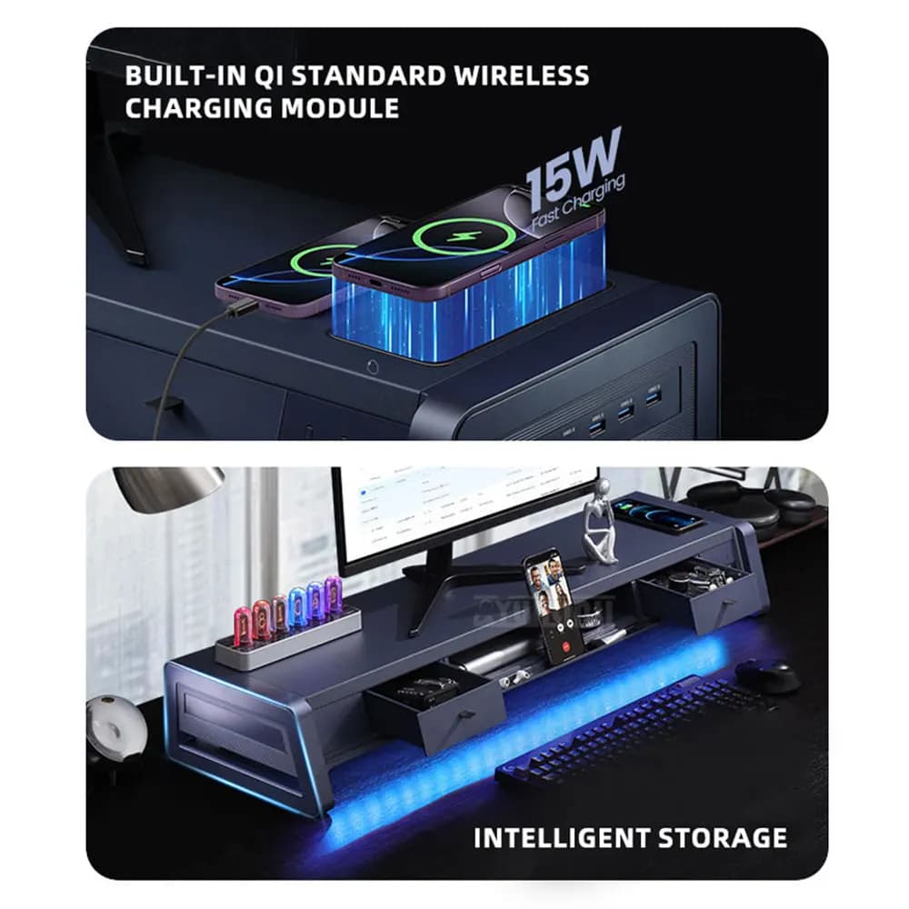 Monitor Stand Organizer with Drawer, Multifunctional Docking Station for Office, Desktop & Phone Holder USB