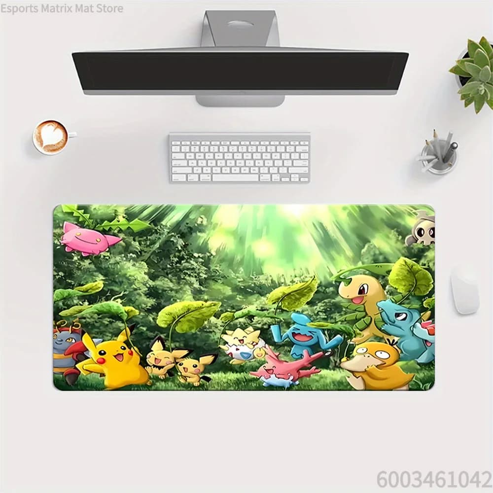Tappetino per mouse da gioco esteso Pokemon Pikachu Group Forest Anime, tappetino da scrivania grande per PC portatile
