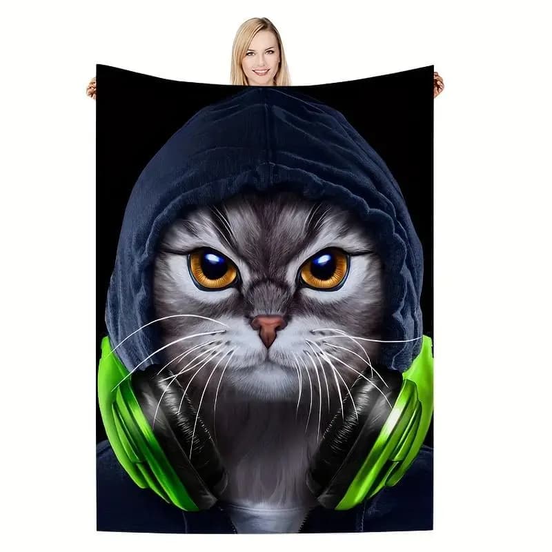 Cat earphone pattern Flannel printed blanket suitable for all seasons suitable for living room office sofa and travel 180x250CM