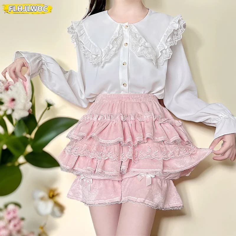 Hot Puff Bloomers Small Pants Girls Cute Sweet Japan Sexy Lace Date Princess Layer Ruffles Bow Pumpkin Lantern Safety Shorts