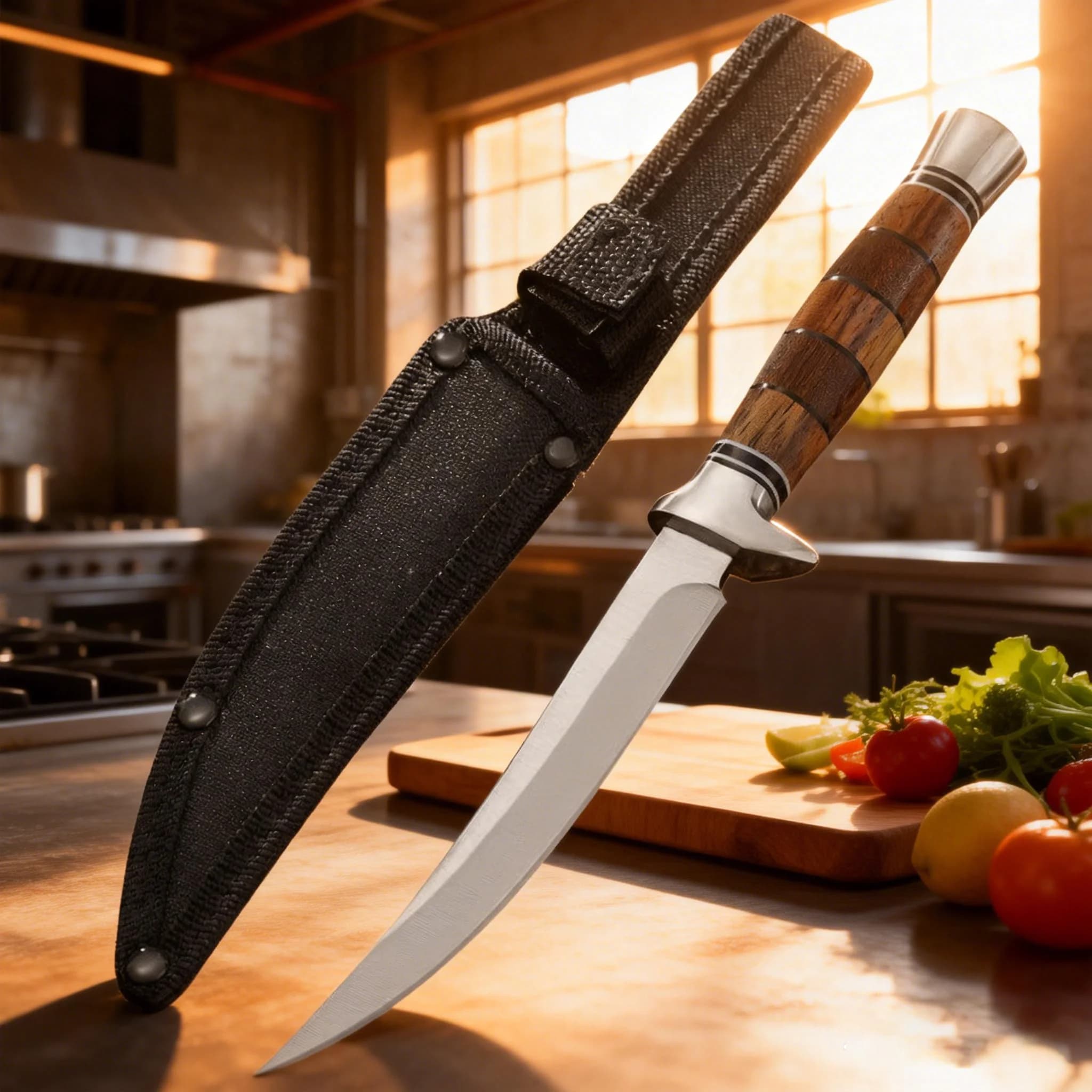 Professional Japanese style chef knife, kitchen knife, stainless steel bone knife, solid wood handle with knife sheath, fruit knife