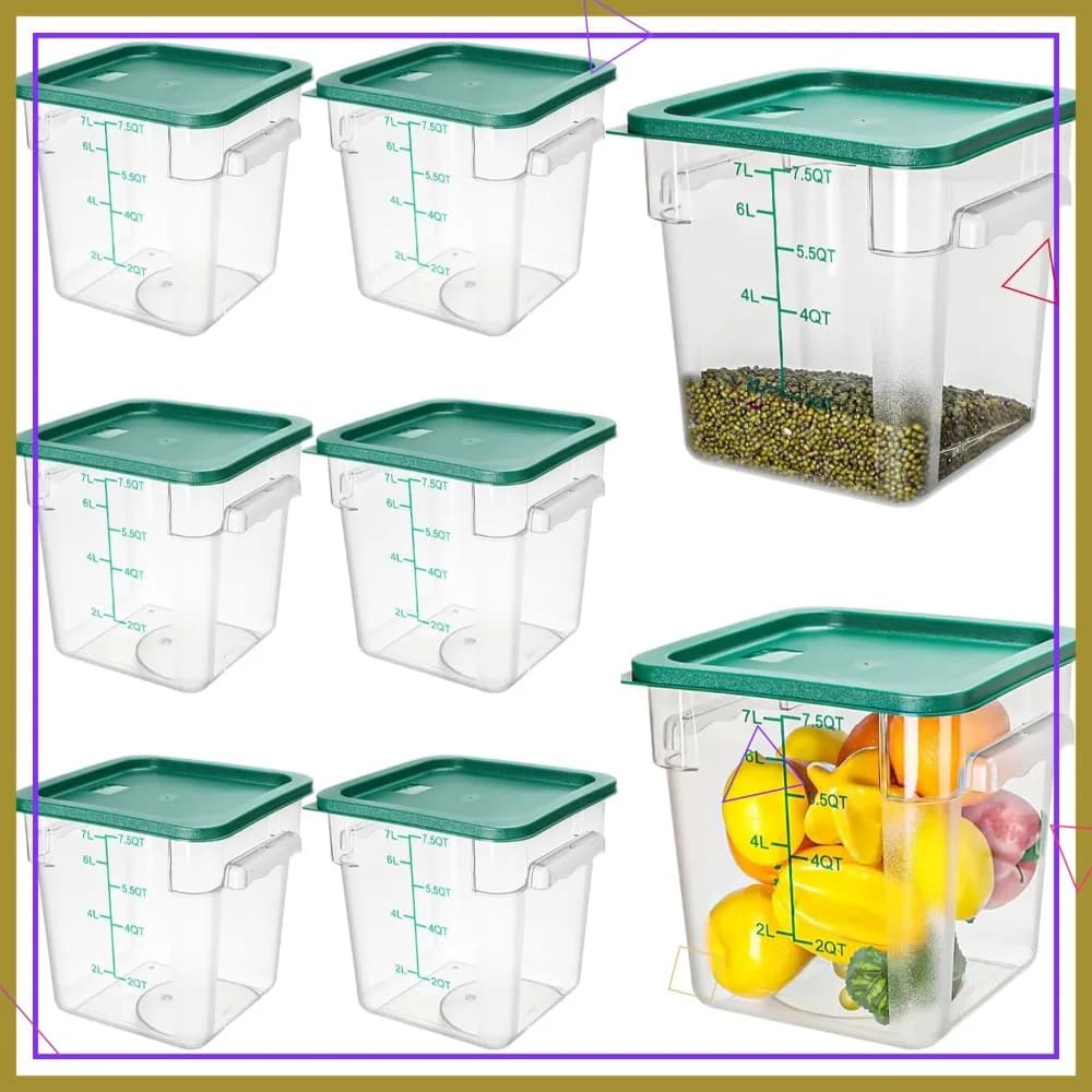 Set di 8 Contenitori per Alimenti Trasparenti da 8 Qt con Manici e Coperchi, in Policarbonato Quadrato per Cucina e Ristorante