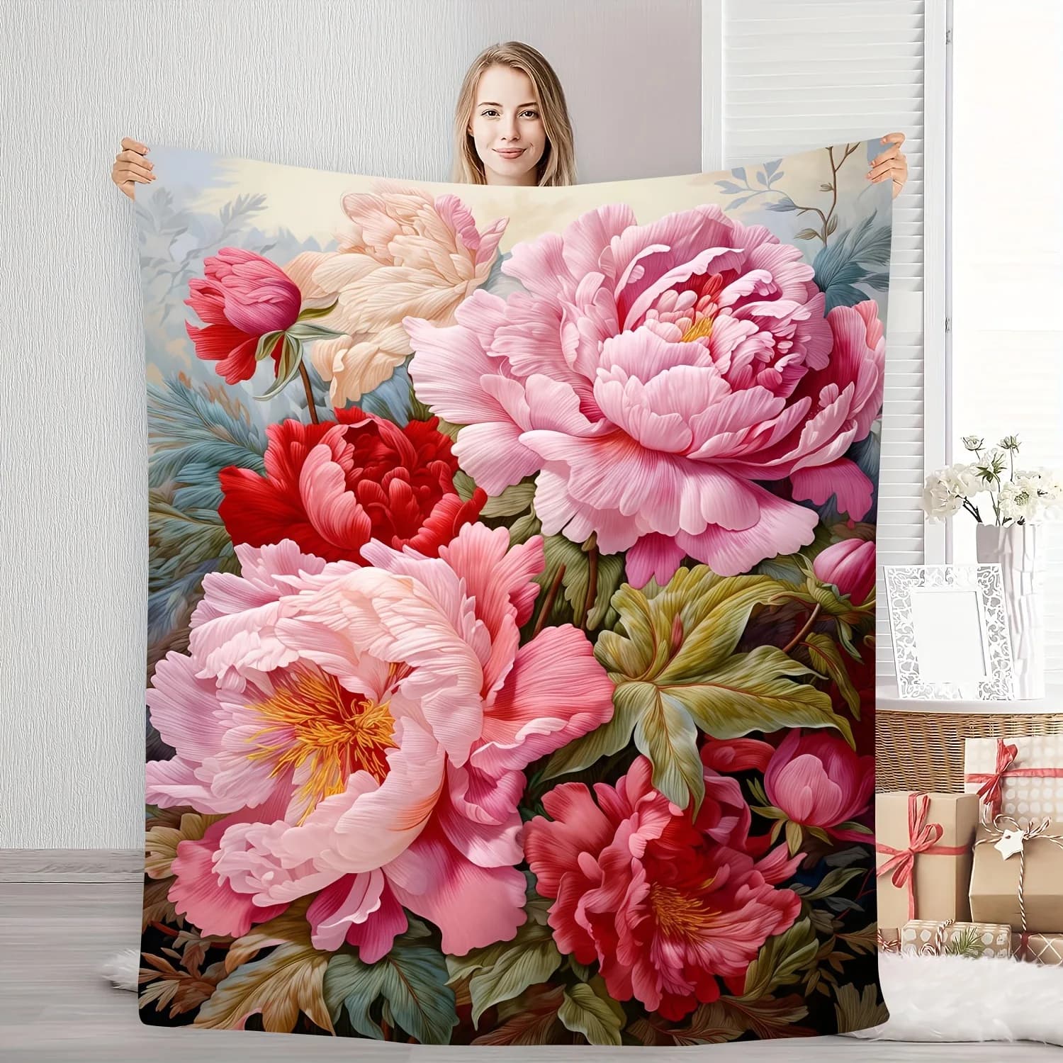 Coperta in Flanella Vintage con Stampa Floreale di Peonie, Morbida e Calda, per Letto, Divano, Arredamento Casa, Disponibile in Diverse Misure