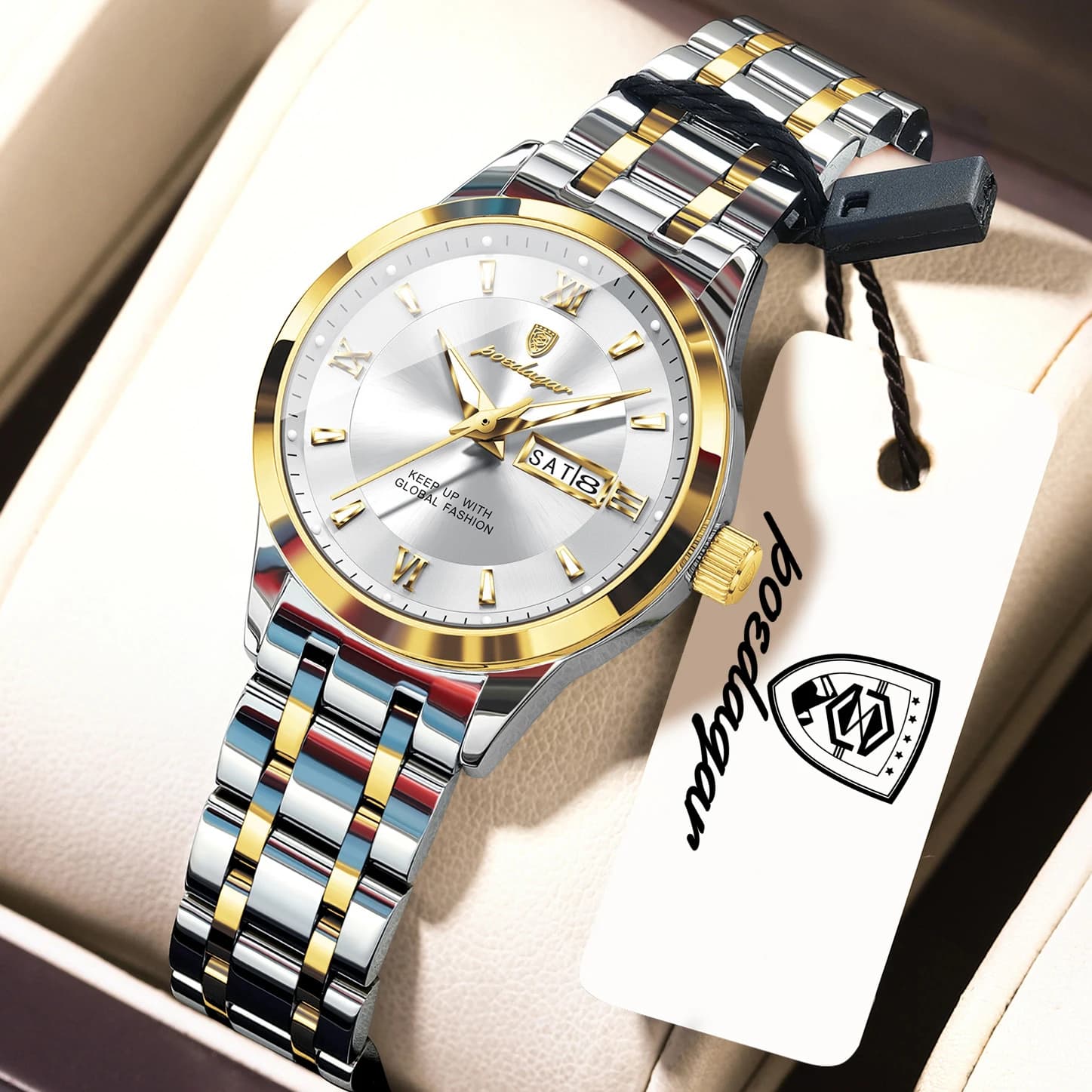 POEDAGAR Fashionable Women's Watch, Bright, Stainless Steel, Waterproof, Wrist Watch with Date and Day of Week, Women's Luxury Watches, Reloj