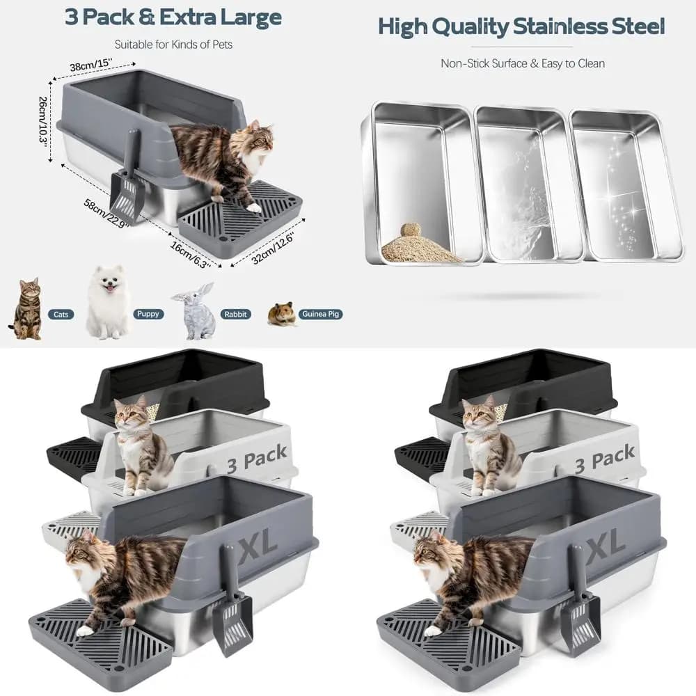 Lettiera per Gatti in Metallo Extra Large con Bordi Alti e Paletta, Anti-Schizzi, Antiaderente, Facile da Pulire (Grigio, Grigio Chiaro e Nero)
