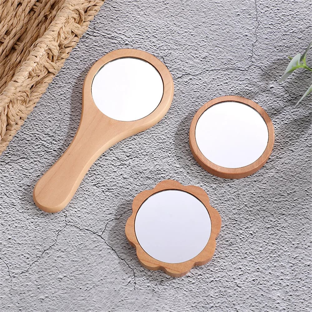 Specchio a mano in legno specchio cosmetico rotondo portatile Vintage specchio da viaggio compatto per trucco specchio tenuto in mano da donna