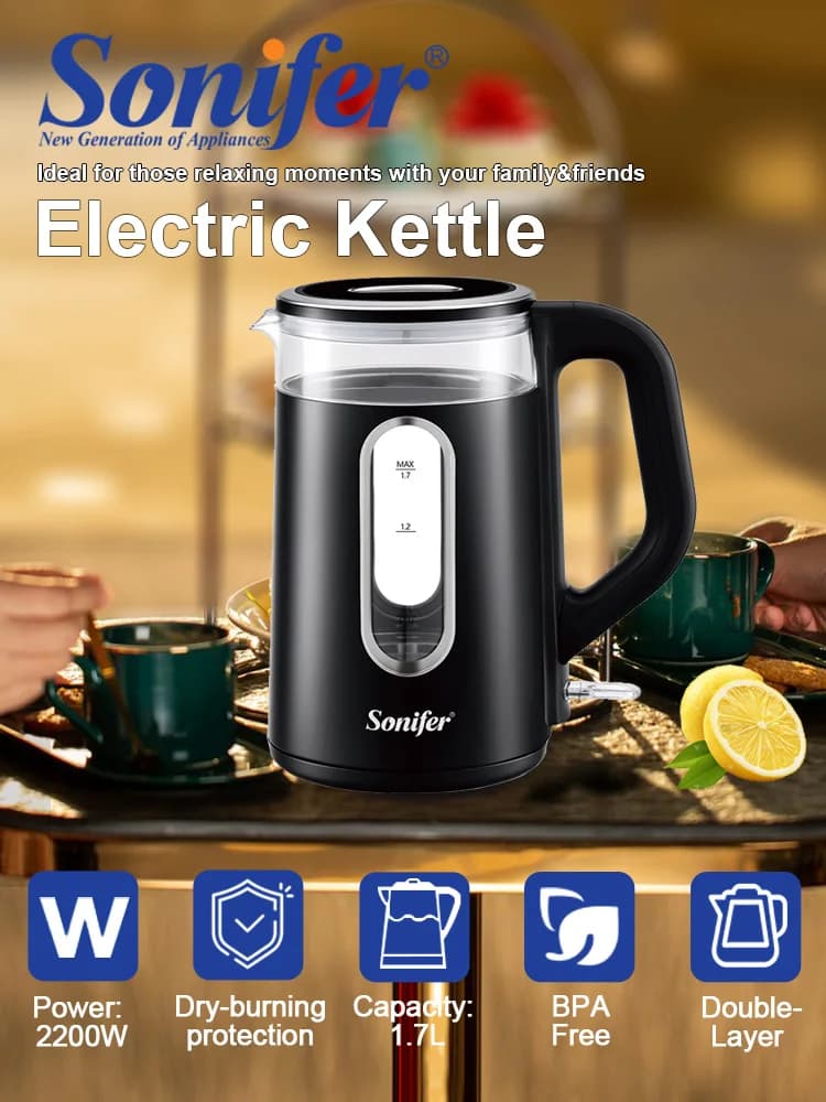 Sonifer SF-2152 1.7L Double Wall Electric Kettle 2200W Borosilicate Glass Auto Shut-Off Cool Touch Dry Boil Protection