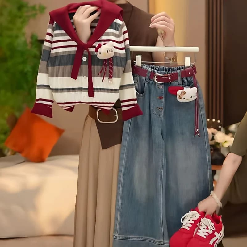 Set Cardigan a Righe e Jeans Hello Kitty di Sanrio per Ragazze, Nuovo Articolo Anime Autunnale, Versione Coreana, Top Lavorato a Maglia con Cartoni Animati per Adolescenti