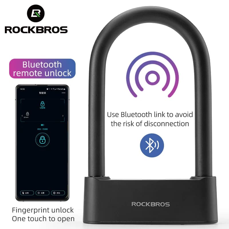ROCKBROS Serratura intelligente per biciclette Bluetooth sblocco con impronta digitale impermeabile acciaio lega ad alta resistenza antifurto U-Serratura accessori per biciclette